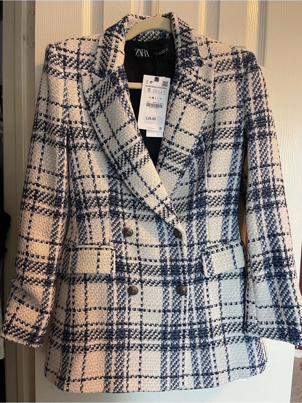 Zara Cream and Navy Checked Double-Breasted Tweed Blazer